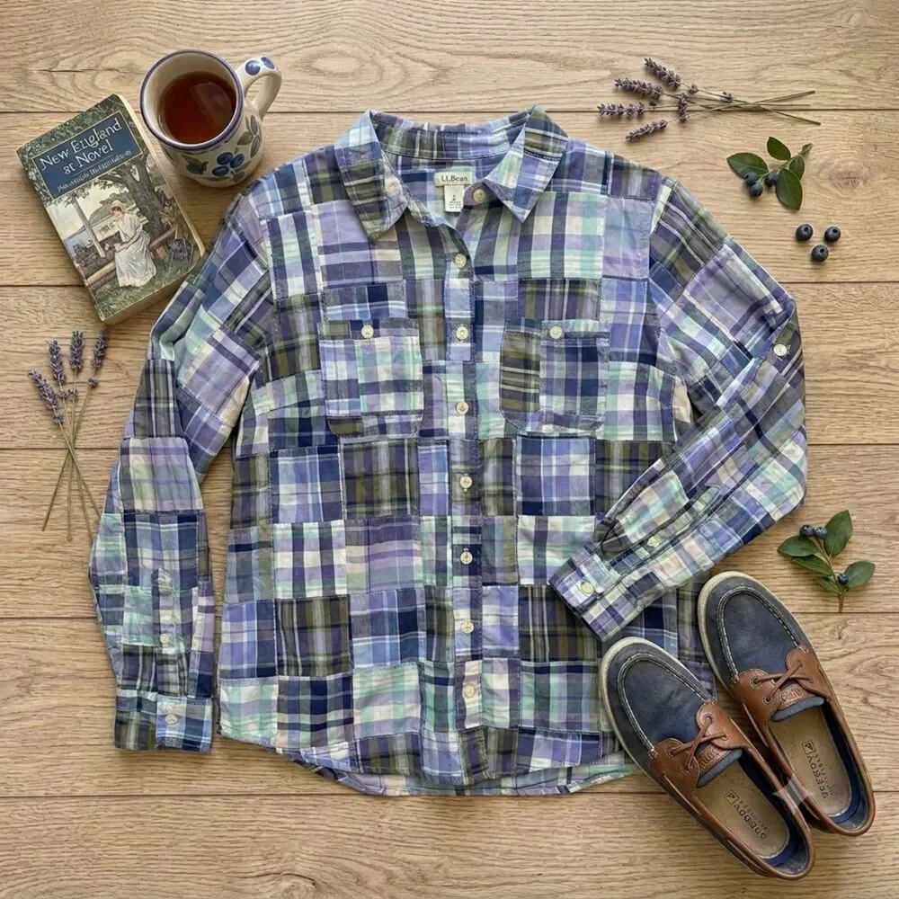 L.L. Bean Plaid Patchwork Button Down Shirt Small Petite Blue Purple 100% Cotton - Picture 1 of 8